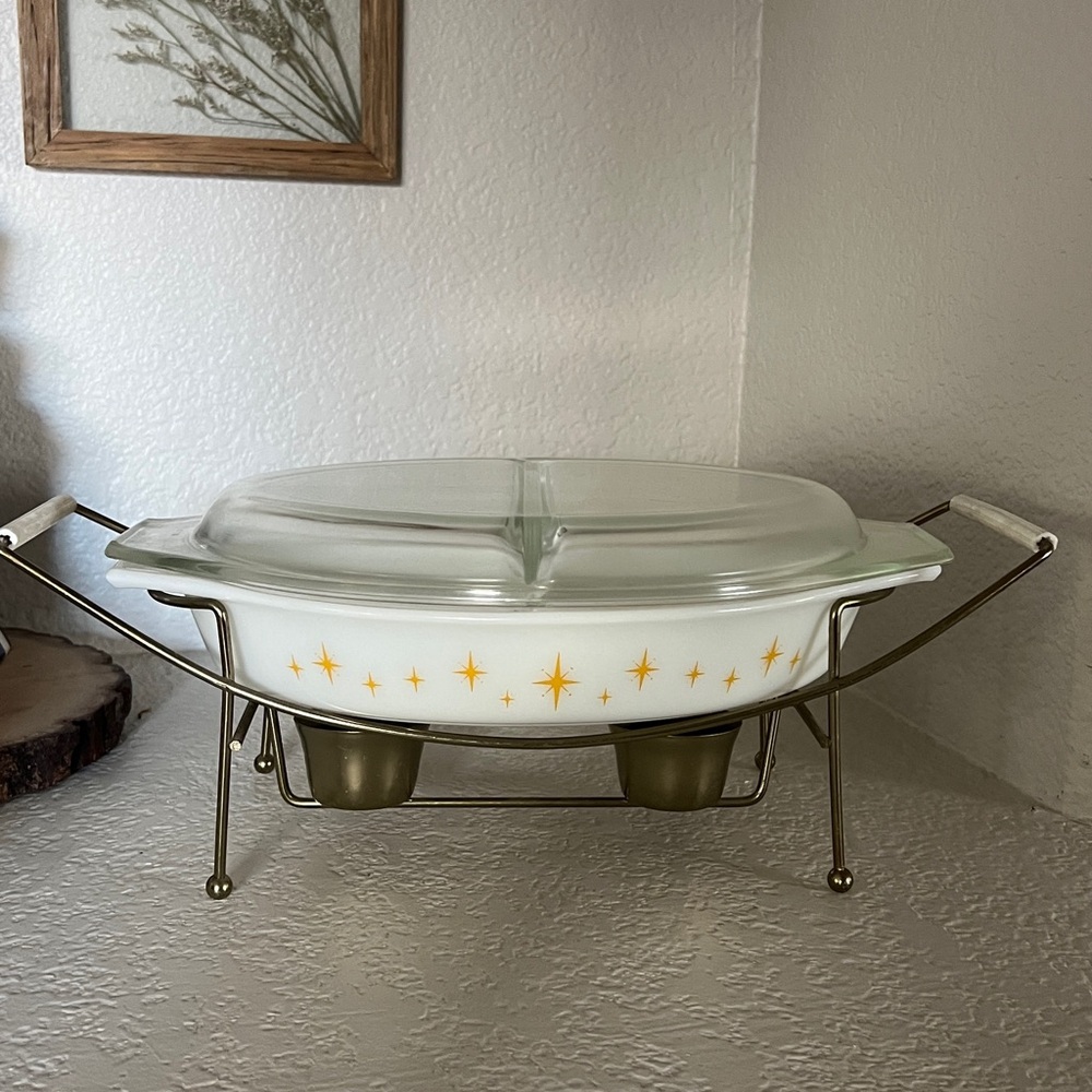 Vintage Pyrex Constellation Atomic Starburst Divided Dish Lid & Warming Stand